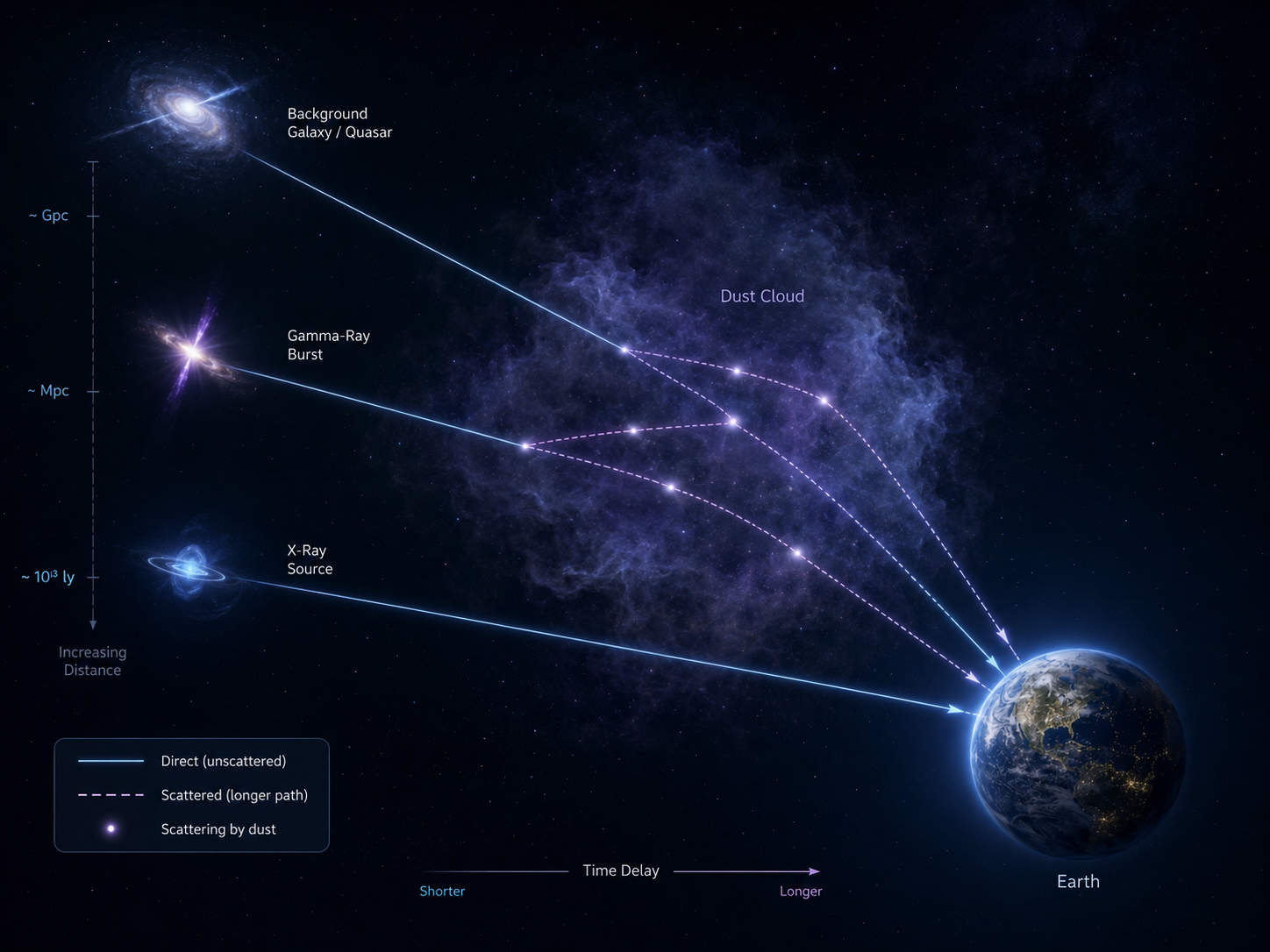 Conceptual photon paths produced by gravitational lensing and dust scattering